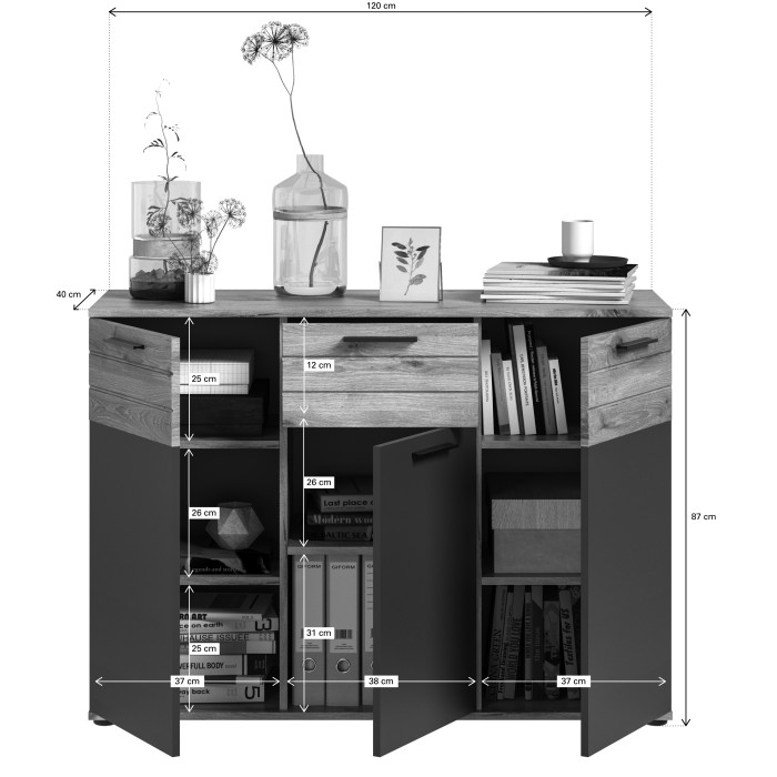 Buffet 3 portes et 1 tiroir – Gris anthracite et chêne clair – SELMA 