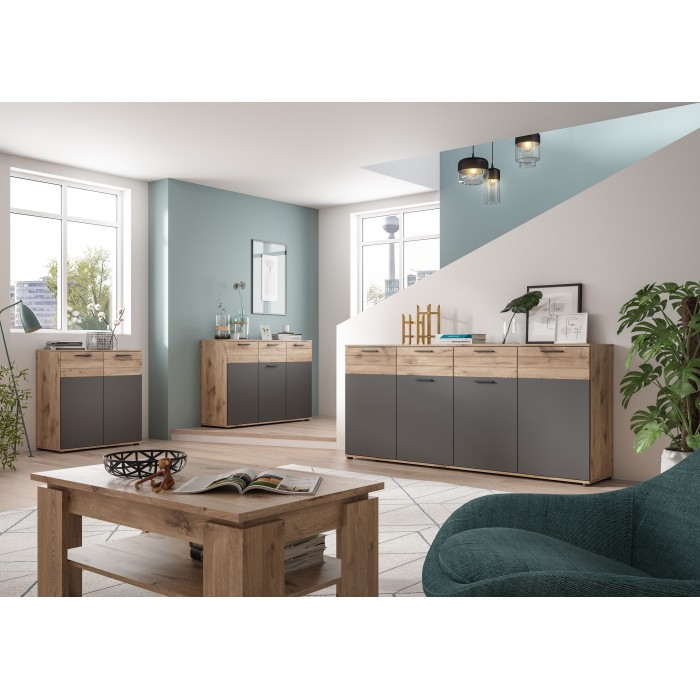 Buffet 3 portes et 1 tiroir – Gris anthracite et chêne clair – SELMA 