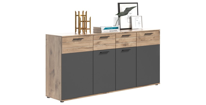 Buffet 4 portes 4 tiroirs – Gris anthracite et chêne clair – SELMA 