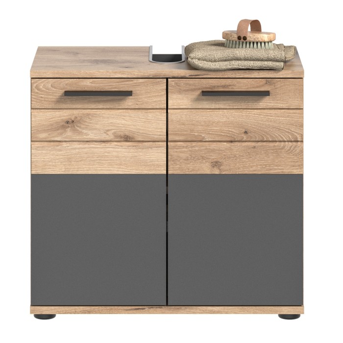 Ensemble de salle de bain : meuble sous vasque + 2 demi colonnes + armoire de rangement avec miroirs – Gris anthracite et chêne 