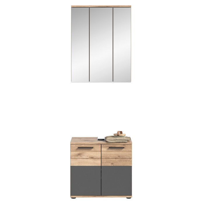 Ensemble de salle de bain : meuble sous vasque + armoire de rangement avec miroirs – Gris anthracite et chêne clair – SELMA 