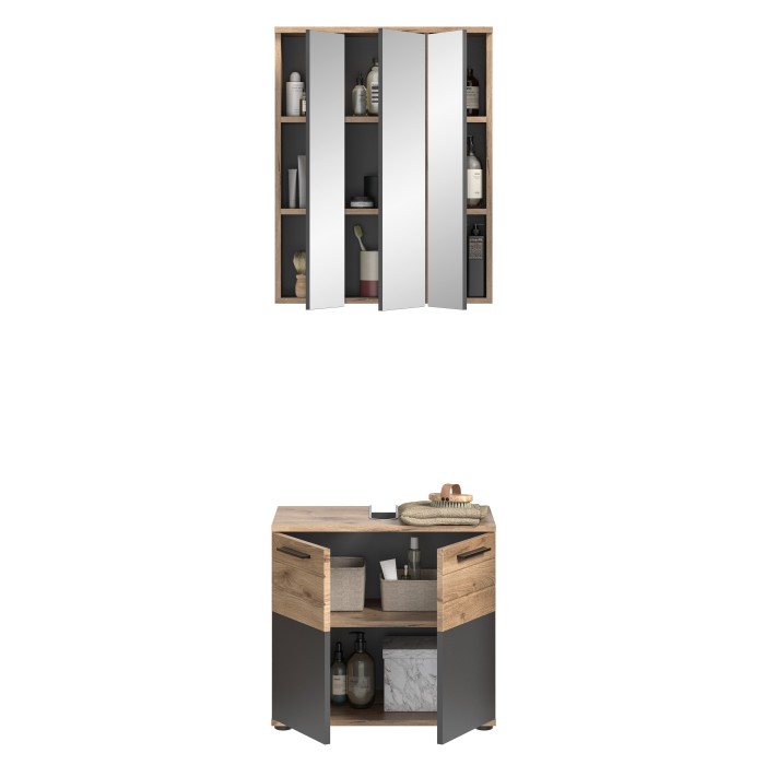 Ensemble de salle de bain : meuble sous vasque + armoire de rangement avec miroirs – Gris anthracite et chêne clair – SELMA 