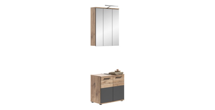 Ensemble de salle de bain : meuble sous vasque + armoire de rangement avec miroirs et LED – Gris anthracite et chêne clair – SEL