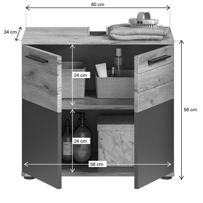 Ensemble de salle de bain : meuble sous vasque + armoire de rangement avec miroirs et LED – Gris anthracite et chêne clair – SEL