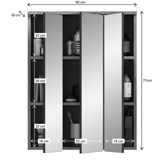 Ensemble de salle de bain : meuble sous vasque + armoire de rangement avec miroirs et LED – Gris anthracite et chêne clair – SEL