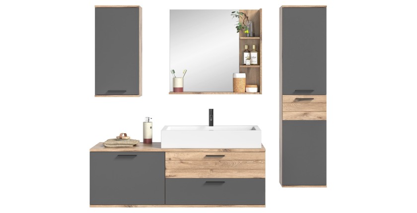 Ensemble de salle de bain : meuble sous vasque + colonne de rangement + demi colonne + miroir – Gris anthracite et chêne clair –