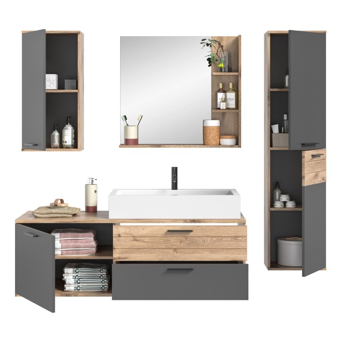 Ensemble de salle de bain : meuble sous vasque + colonne de rangement + demi colonne + miroir – Gris anthracite et chêne clair –
