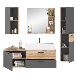Ensemble de salle de bain : meuble sous vasque + colonne de rangement + demi colonne + miroir – Gris anthracite et chêne clair –
