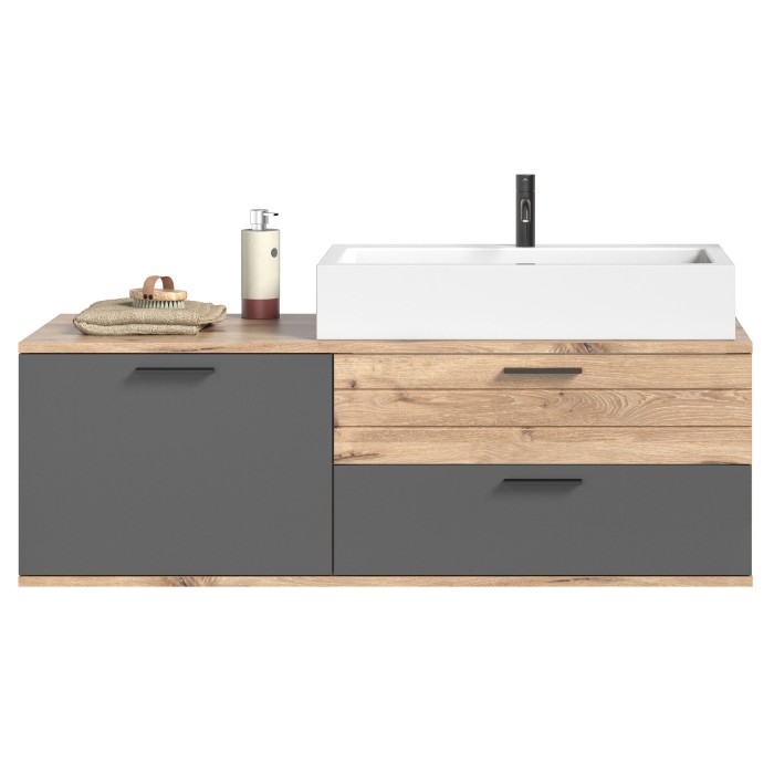 Ensemble de salle de bain : meuble sous vasque + colonne de rangement + demi colonne + miroir – Gris anthracite et chêne clair –
