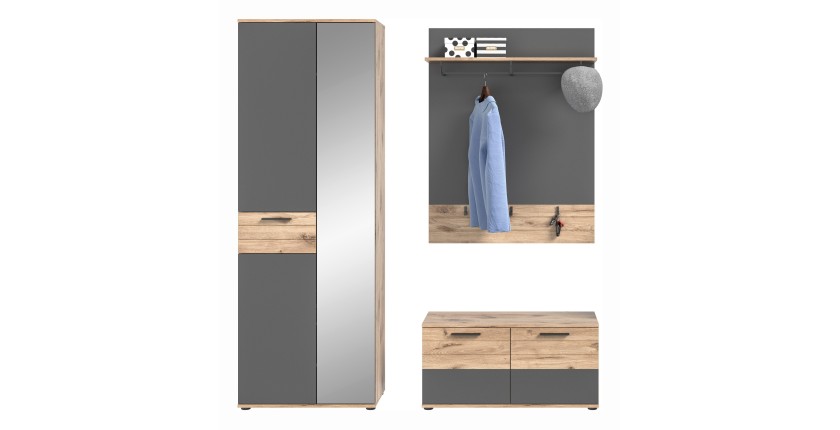Ensemble de meuble d'entrée : armoire avec miroir + meuble à chaussures + miroir – Gris anthracite et chêne clair – SELMA 