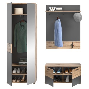 Ensemble de meuble d'entrée : armoire avec miroir + meuble à chaussures + miroir – Gris anthracite et chêne clair – SELMA 