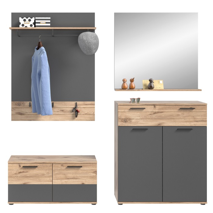 Ensemble de meuble d'entrée : meuble à chaussures + buffet + miroir + porte manteau – Gris anthracite et chêne clair – SELMA 