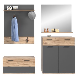 Ensemble de meuble d'entrée : meuble à chaussures + buffet + miroir + porte manteau – Gris anthracite et chêne clair – SELMA 