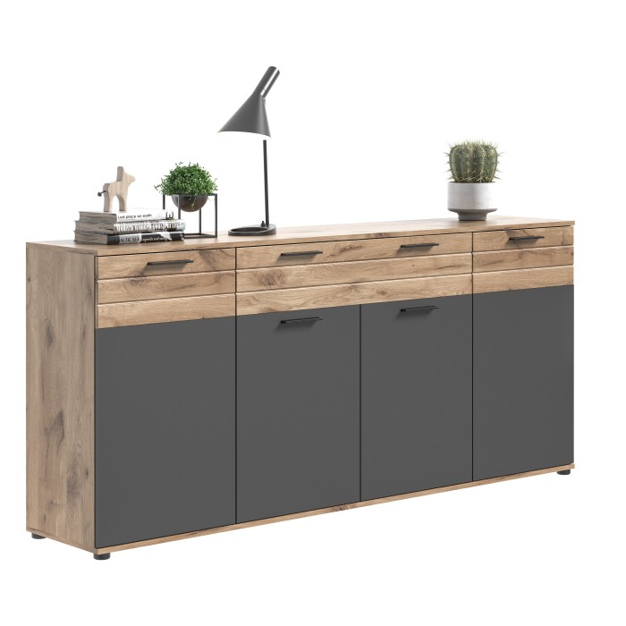 Buffet 4 portes, 4 tiroirs – Gris anthracite et chêne clair – SELMA 
