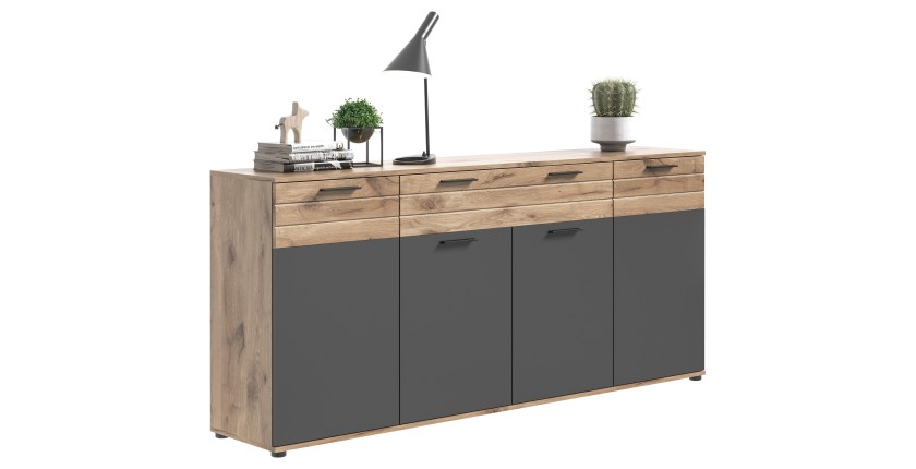 Buffet 4 portes, 4 tiroirs – Gris anthracite et chêne clair – SELMA 