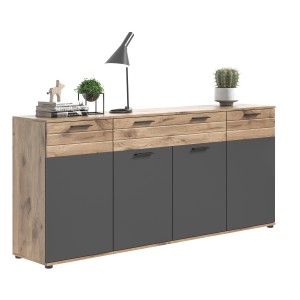 Buffet 4 portes, 4 tiroirs – Gris anthracite et chêne clair – SELMA 