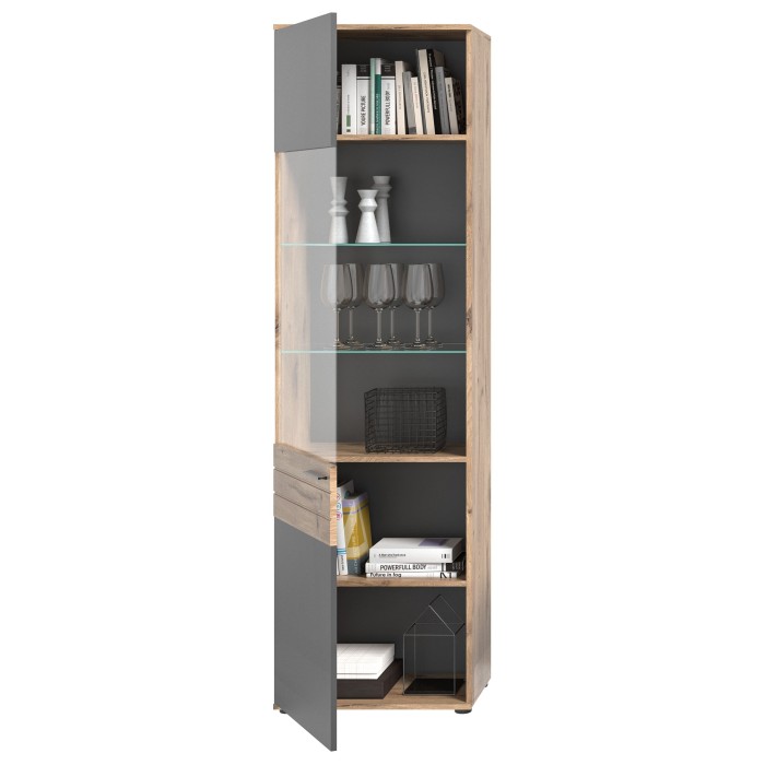 Vitrine avec porte vitrée – Gris anthracite et chêne clair – SELMA 