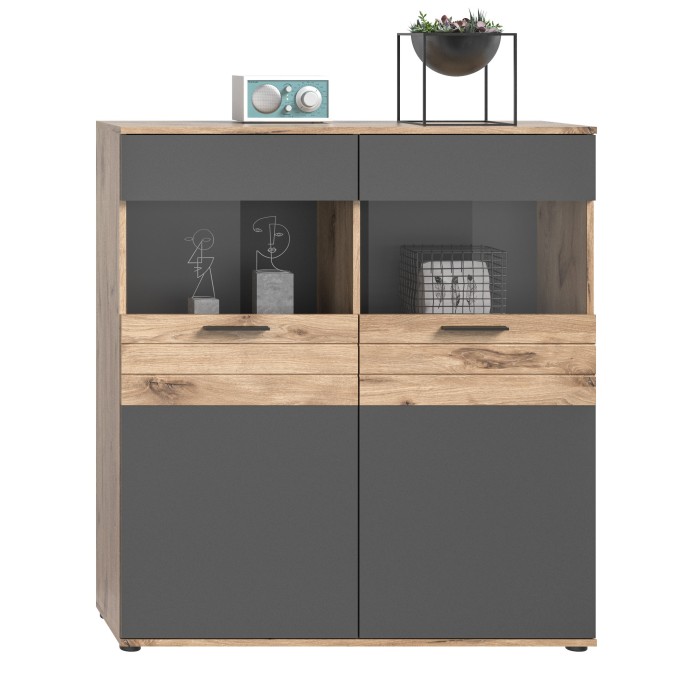 Buffet haut 2 portes vitrée – Gris anthracite et chêne clair – SELMA 