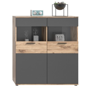 Buffet haut 2 portes vitrée – Gris anthracite et chêne clair – SELMA 