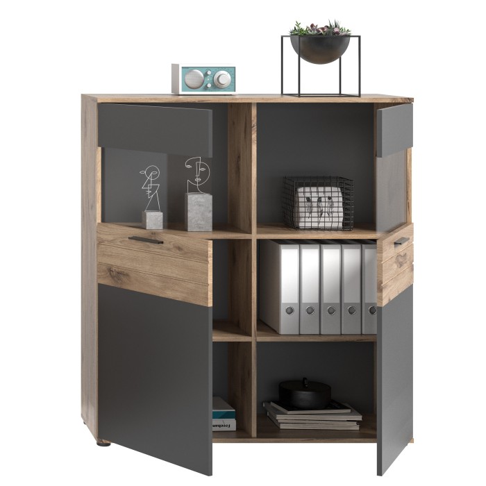 Buffet haut 2 portes vitrée – Gris anthracite et chêne clair – SELMA 