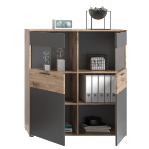 Buffet haut 2 portes vitrée – Gris anthracite et chêne clair – SELMA 