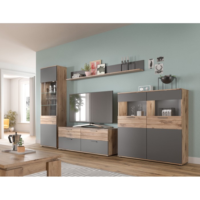 Buffet haut 2 portes vitrée – Gris anthracite et chêne clair – SELMA 