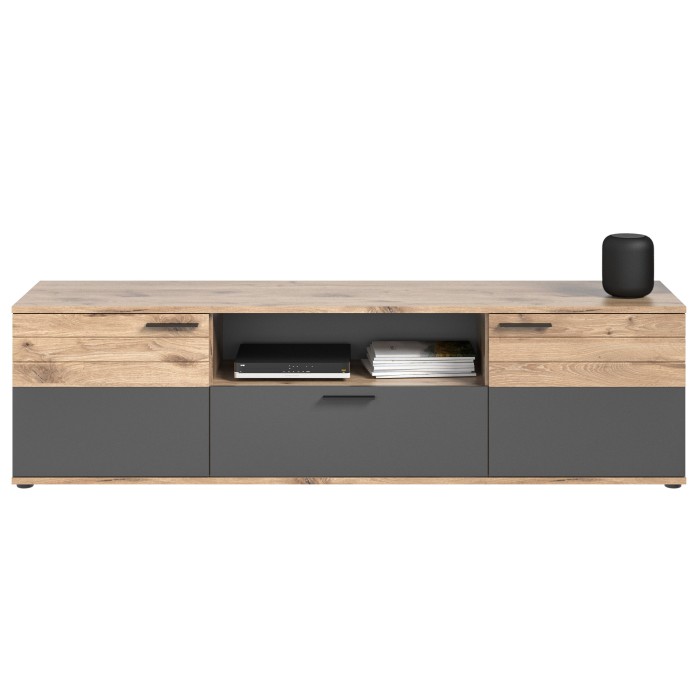 Meuble TV 2 portes et 1 tiroir – Gris anthracite et chêne clair – SELMA 