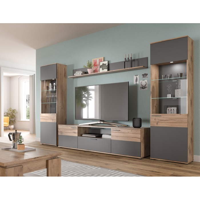 Meuble TV 2 portes et 1 tiroir – Gris anthracite et chêne clair – SELMA 