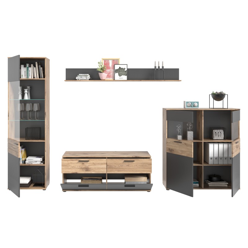 Ensemble de salon complet : Meuble TV, vitrine, buffet haut et étagère – Gris anthracite et chêne clair – SELMA 
