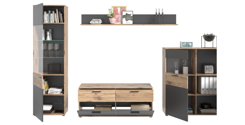 Ensemble de salon complet : Meuble TV, vitrine, buffet haut et étagère – Gris anthracite et chêne clair – SELMA 