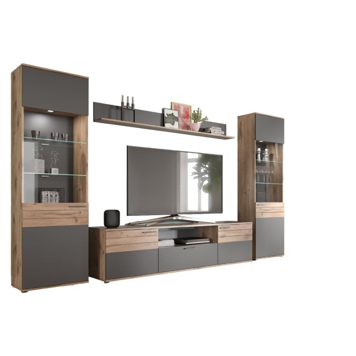 Ensemble de salon complet : Meuble TV, 2 vitrines + étagère – Gris anthracite et chêne clair – SELMA 