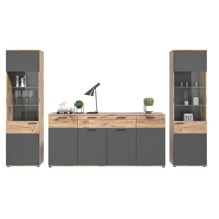 Ensemble de salon : 2 vitrines et un buffet – Gris anthracite et chêne clair – SELMA 