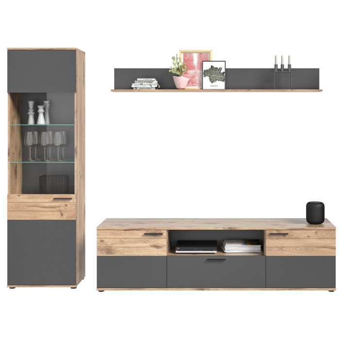 Ensemble de salon : Meuble TV + Vitrine + étagère – Gris anthracite et chêne clair – SELMA 