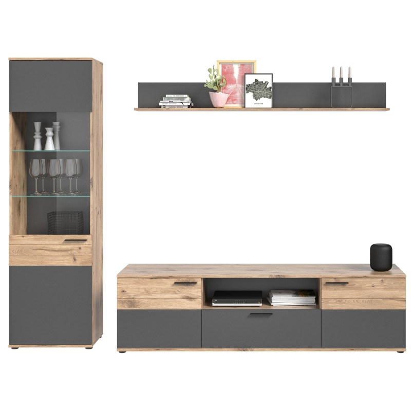 Ensemble de salon : Meuble TV + Vitrine + étagère – Gris anthracite et chêne clair – SELMA 