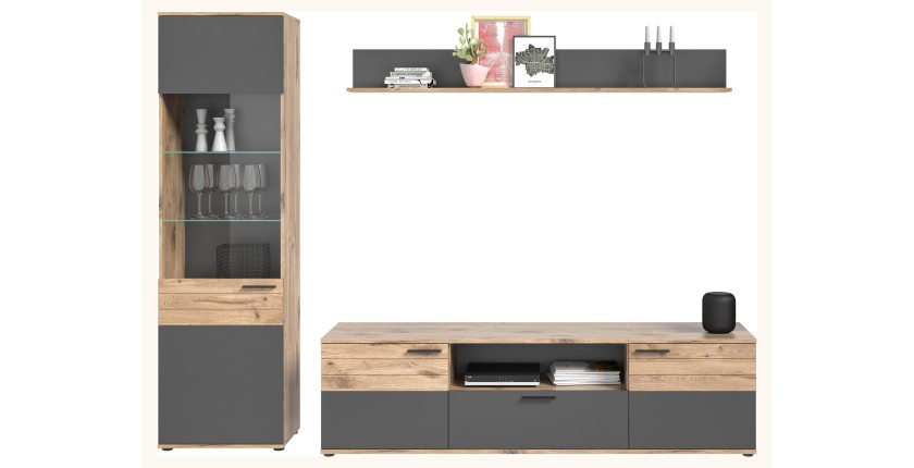 Ensemble de salon : Meuble TV + Vitrine + étagère – Gris anthracite et chêne clair – SELMA 