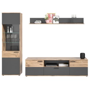 Ensemble de salon : Meuble TV + Vitrine + étagère – Gris anthracite et chêne clair – SELMA 