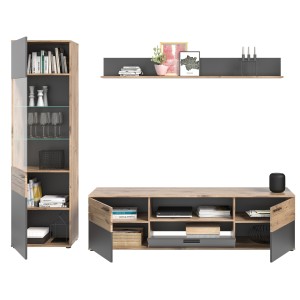 Ensemble de salon : Meuble TV + Vitrine + étagère – Gris anthracite et chêne clair – SELMA 
