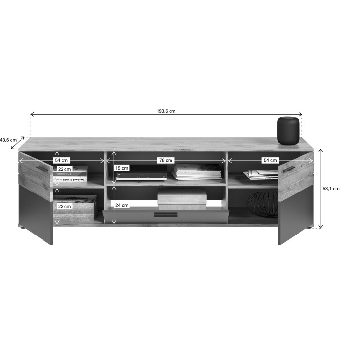 Ensemble de salon : Meuble TV + Vitrine + étagère – Gris anthracite et chêne clair – SELMA 