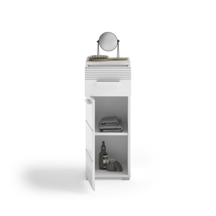 Meuble de rangement de salle de bain 1 porte et 1 tiroir – Blanc Laqué – KLEANKIN 