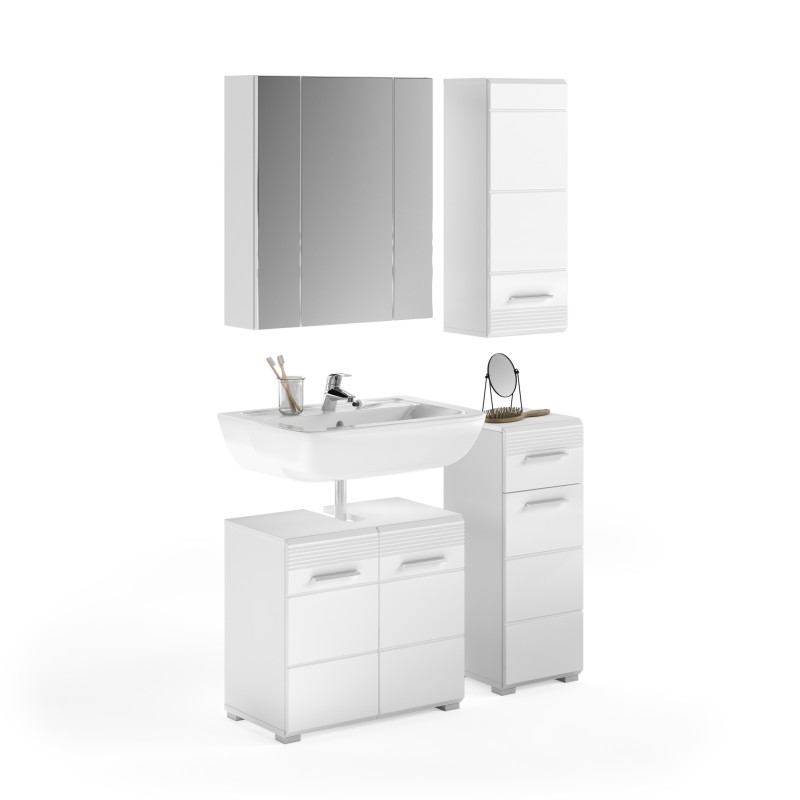 Ensemble de meuble de salle de bain : Meuble sous vasque + 2 demi colonne + Meuble de rangement avec miroir – Blanc laqué – KLEA