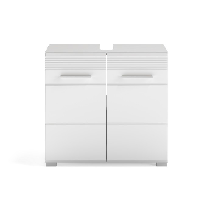 Ensemble de meuble de salle de bain : Meuble sous vasque + 2 demi colonne + Meuble de rangement avec miroir – Blanc laqué – KLEA