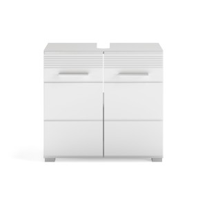 Ensemble de meuble de salle de bain : Meuble sous vasque + 2 demi colonne + Meuble de rangement avec miroir – Blanc laqué – KLEA