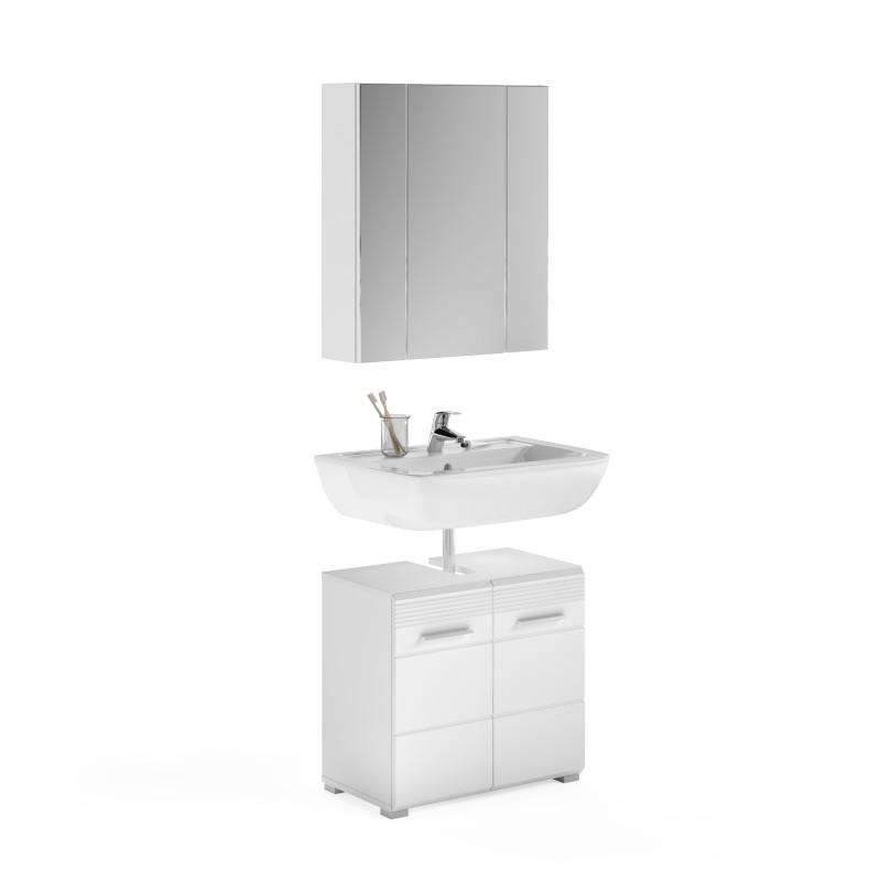 Ensemble de salle de bain : meuble sous vasque + meuble de rangement avec miroir – Blanc laqué – KLEANKIN 