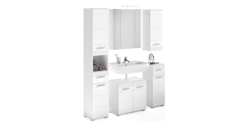 Ensemble de salle de bain : meuble sous vasque + 2 demi colonne + meuble de rangement avec miroir et LED + colonne de salle de b