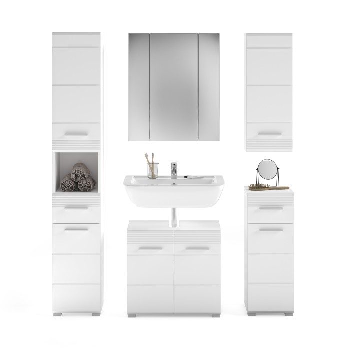 Ensemble de salle de bain : meuble sous vasque + 2 demi colonne + meuble de rangement avec miroir et LED + colonne de salle de b