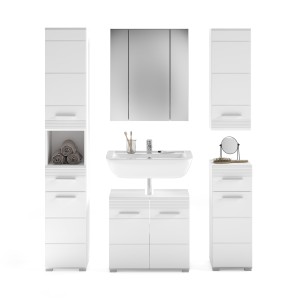 Ensemble de salle de bain : meuble sous vasque + 2 demi colonne + meuble de rangement avec miroir et LED + colonne de salle de b