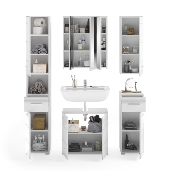 Ensemble de salle de bain : meuble sous vasque + 2 demi colonne + meuble de rangement avec miroir et LED + colonne de salle de b