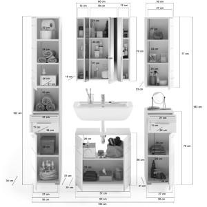 Ensemble de salle de bain : meuble sous vasque + 2 demi colonne + meuble de rangement avec miroir et LED + colonne de salle de b