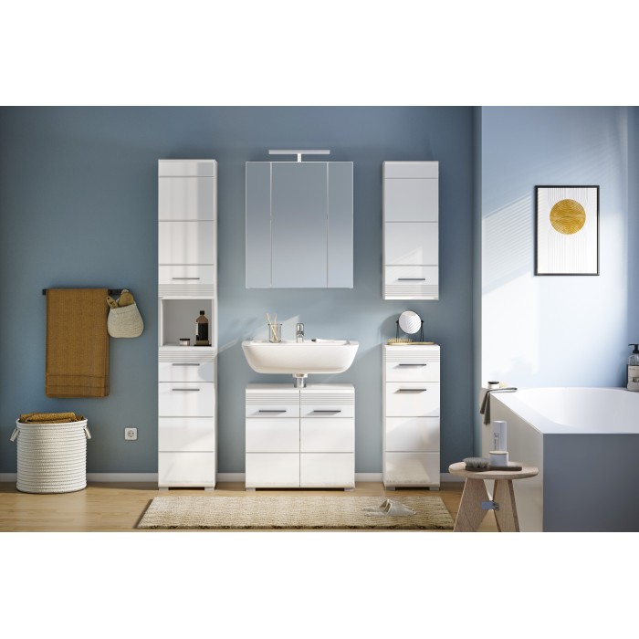 Ensemble de salle de bain : meuble sous vasque + 2 demi colonne + meuble de rangement avec miroir et LED + colonne de salle de b