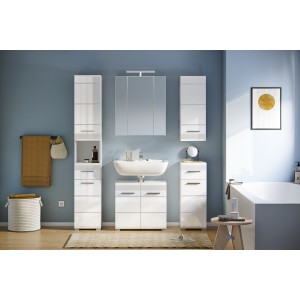 Ensemble de salle de bain : meuble sous vasque + 2 demi colonne + meuble de rangement avec miroir et LED + colonne de salle de b